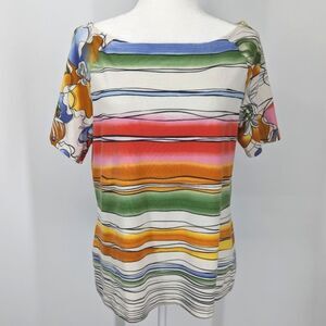 Escada Short Sleeve Boat Neck Watercolor Colorful Floral Abstract Blouse 44